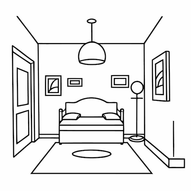 Lindo dibujo vectorial de habitación en blanco y negro para niños.
