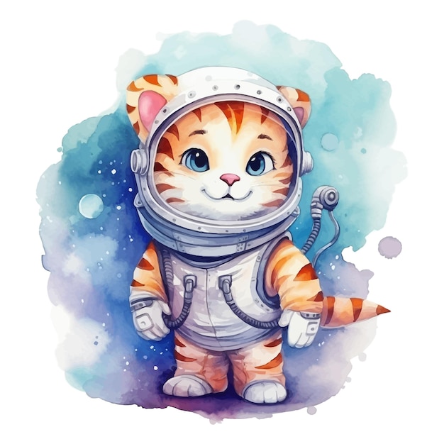 Lindo dibujos animados de gatos astronautas en estilo de pintura en acuarela