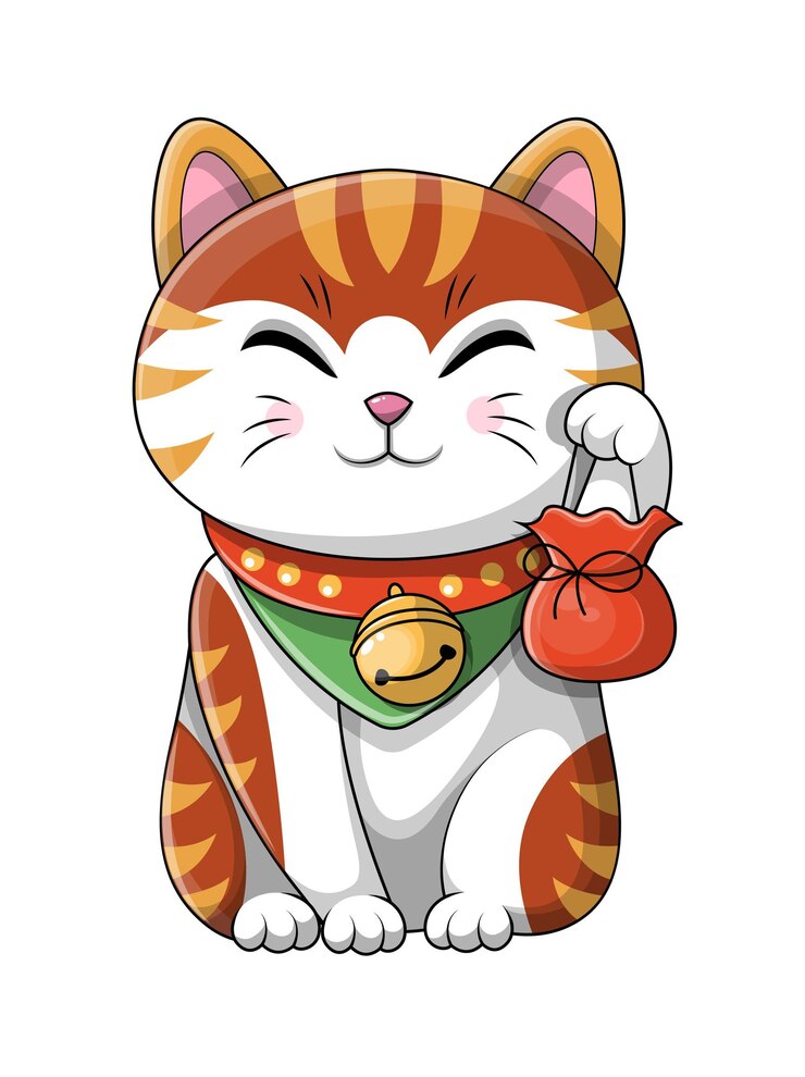 Vector lindo dibujos animados japonés gato afortunado con un collar con campana alrededor de su cuello sosteniendo un