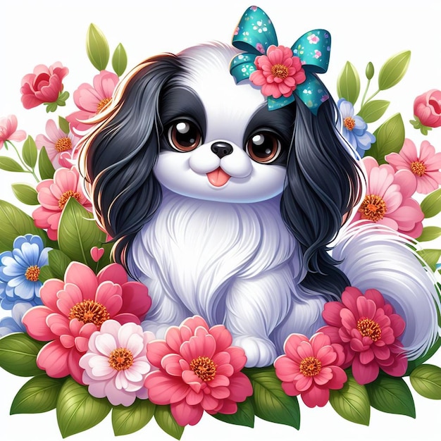 Lindo dibujos animados japoneses de perro Chin estilo vectorial fondo blanco