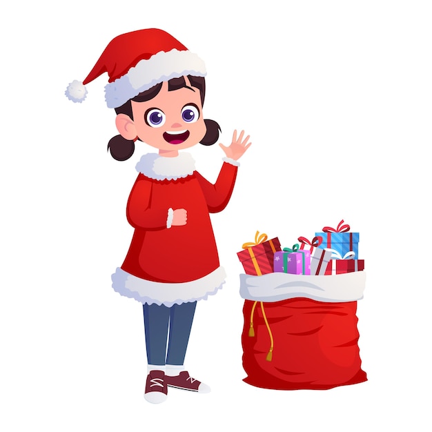 Lindo dibujos animados Niña pequeña con traje de Papá Noel Ilustración vectorial