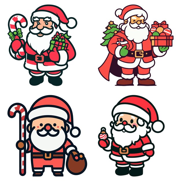 Lindo dibujos animados de Papá Noel Cuatro personajes para Navidad