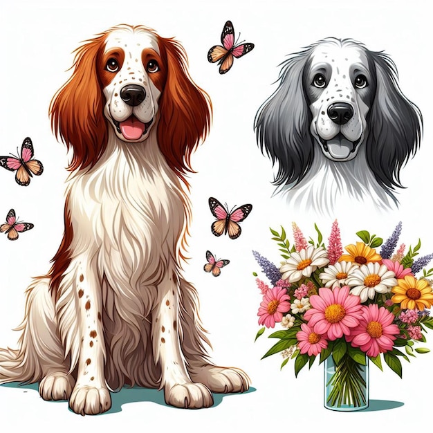 Vector lindo dibujos animados de perros setter ingleses con fondo blanco de estilo vectorial