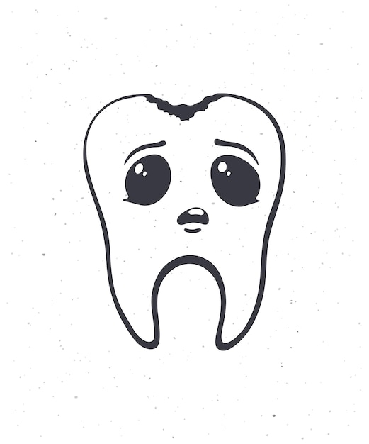 Lindo diente humano insalubre con ojos tristes y caries Ilustración de Vector de contorno Caries dental