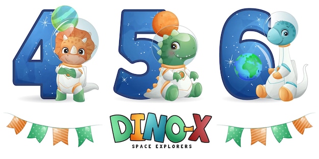 Lindo dinosaurio astronauta con conjunto de ilustraciones de numeración