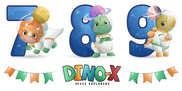 Lindo dinosaurio astronauta con conjunto de ilustraciones de numeración