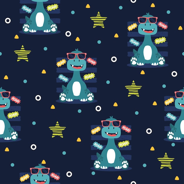 Lindo dinosaurio con concepto de diseño de patrón de vector de dibujos animados de gafas
