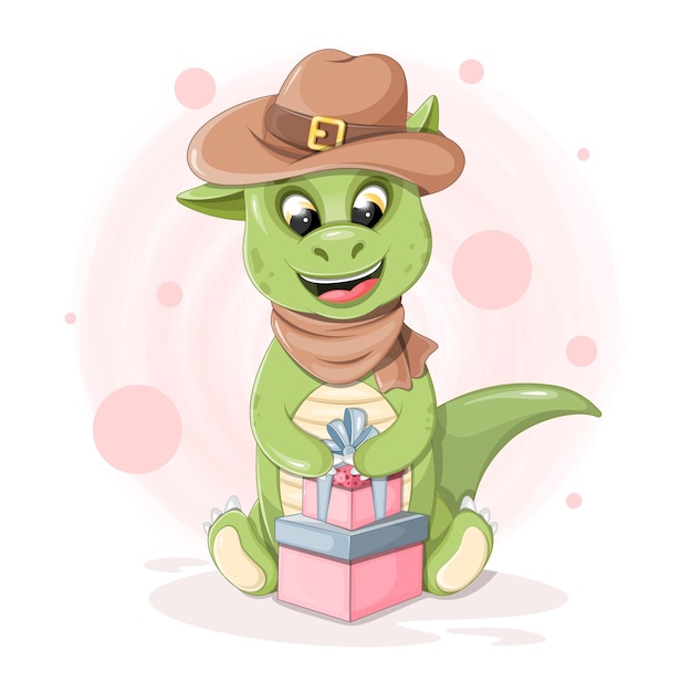 Lindo dinosaurio de dibujos animados con regalos