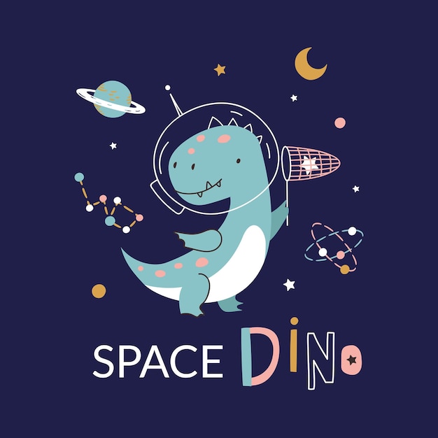 Lindo dinosaurio en el espacio camiseta divertida impresión dinosaurio astronauta en casco astronauta personaje animal salvaje y planetas gráfico infantil hoy en día cartel vectorial con dinosaurio espacial divertida ilustración de dibujos animados