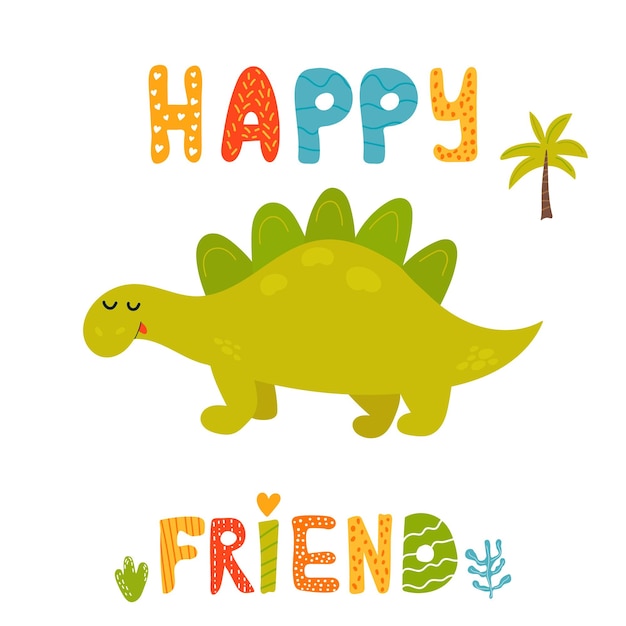 Vector lindo dinosaurio estegosaurio y texto dibujado a mano