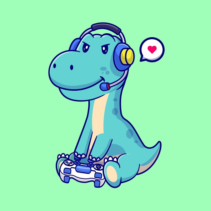 Vector lindo dinosaurio jugando juego con controlador y auriculares dibujos animados vector icono ilustración. animal