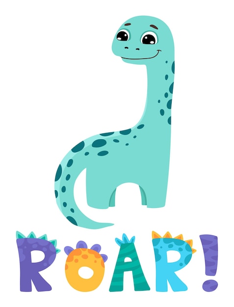 Vector lindo dinosaurio con letras de rugido para tarjeta de felicitación de cumpleaños invitación de baby shower carteles de guardería