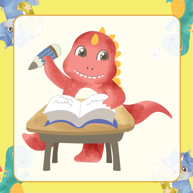 Lindo dinosaurio leyendo y escribiendo en el aula dino tema de regreso a la escuela estilo acuarela