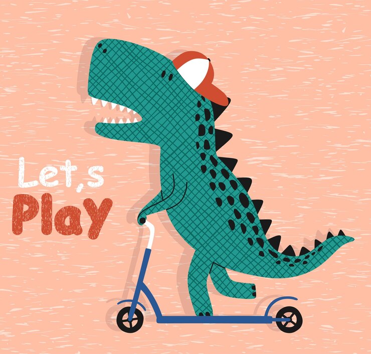 Vector lindo dinosaurio montando patinete.