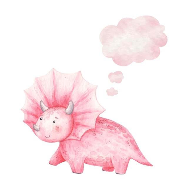 Vector lindo dinosaurio rosa sonriendo y pensamiento icono, nube, acuarela de ilustración para niños