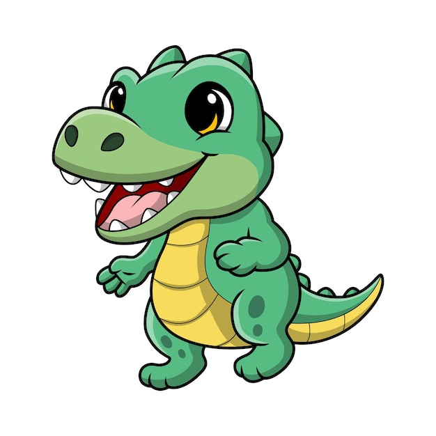 Lindo dinosaurio verde de dibujos animados sobre fondo blanco.