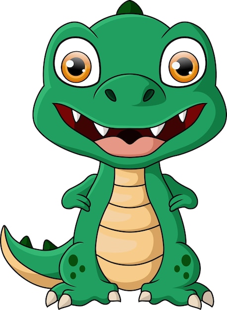 Lindo dinosaurio verde de dibujos animados sobre fondo blanco.