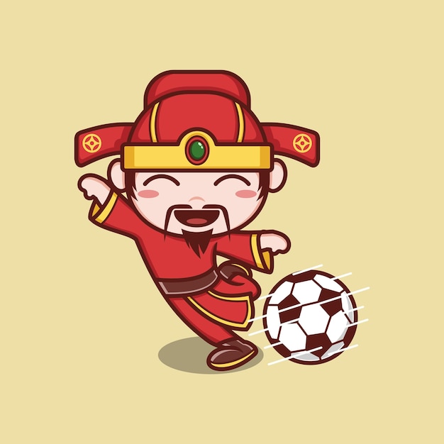 Lindo dios caishen de dibujos animados jugando al fútbol