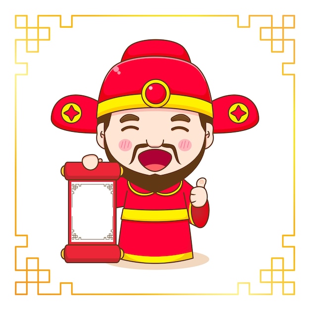Lindo Dios de la riqueza con papel vacío posando pulgar hacia arriba personaje de dibujos animados con marco de adorno chino
