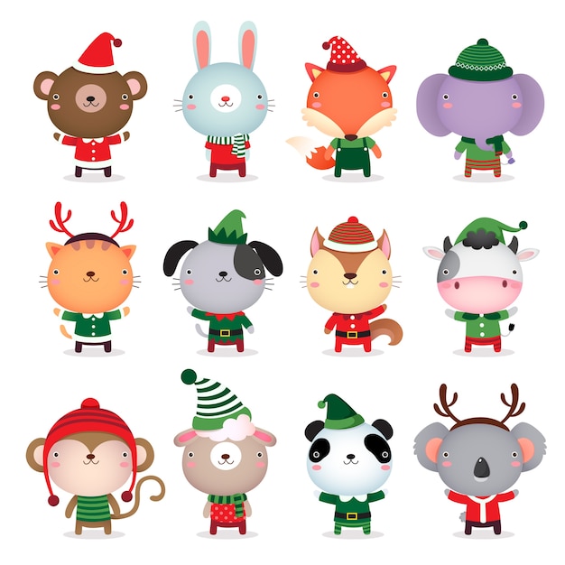 Lindo diseño de animales con disfraces temáticos de navidad e invierno