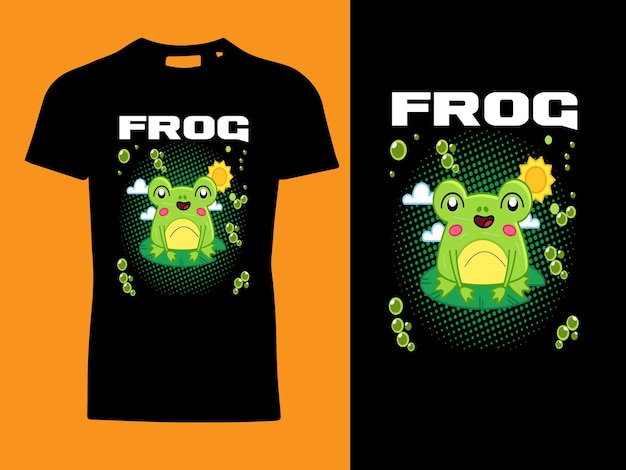 Lindo diseño de camiseta de dibujos animados de mascota de rana con vista previa de atuendo