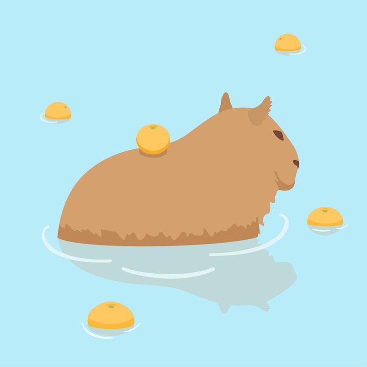 Vector lindo diseño de capybara capybara en japonés onsen aguas termales capybara y naranjas plano gracioso