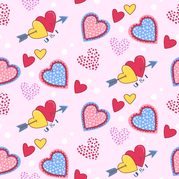 Lindo diseño en forma de corazón sobre fondo de color rosa. Patrón sin fisuras del día de San Valentín.