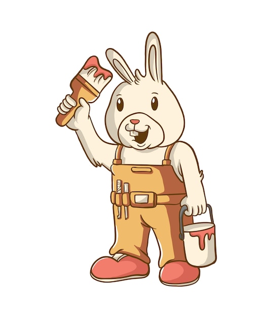 lindo diseño de ilustración de dibujos animados de conejito sosteniendo un pincel y llevando una lata de pintura