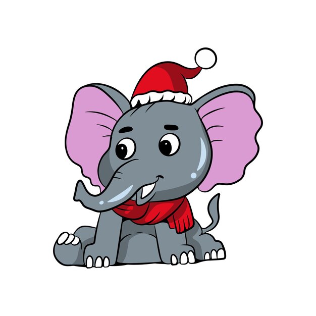 lindo diseño de ilustración de dibujos animados de elefante feliz celebrando la Navidad con sombrero de Papá Noel