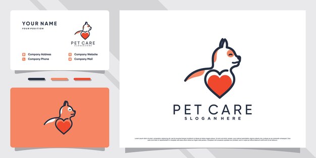 Lindo diseño de logotipo de gato con elemento de corazón y plantilla de tarjeta de visita Vector Premium