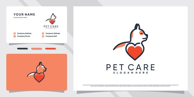 Lindo diseño de logotipo de gato con elemento de corazón y plantilla de tarjeta de visita vector premium