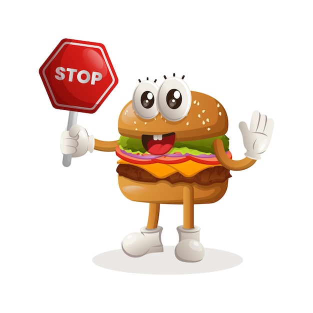 Lindo diseño de mascota de hamburguesa con señal de stop señal de calle señal de tráfico