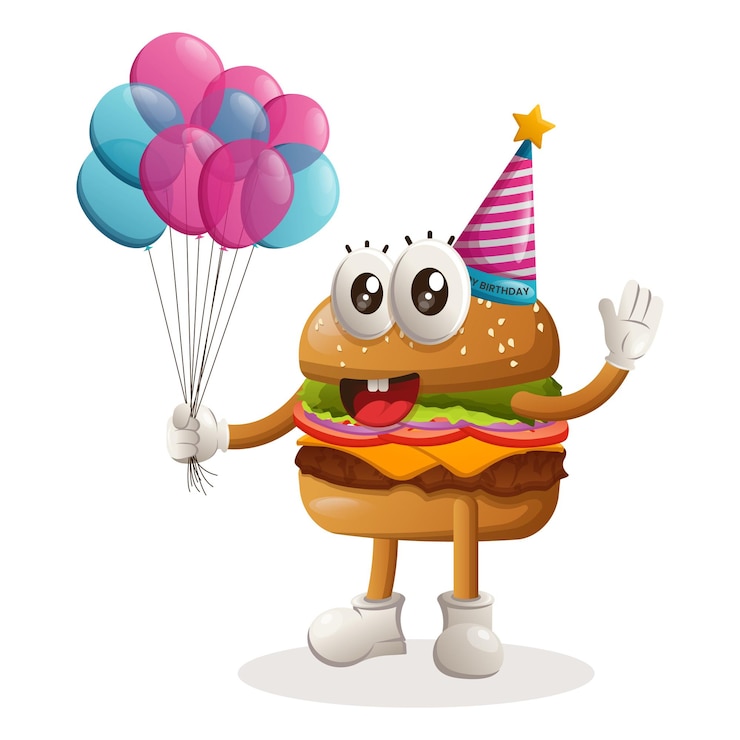Vector lindo diseño de mascota de hamburguesa con un sombrero de cumpleaños con globos