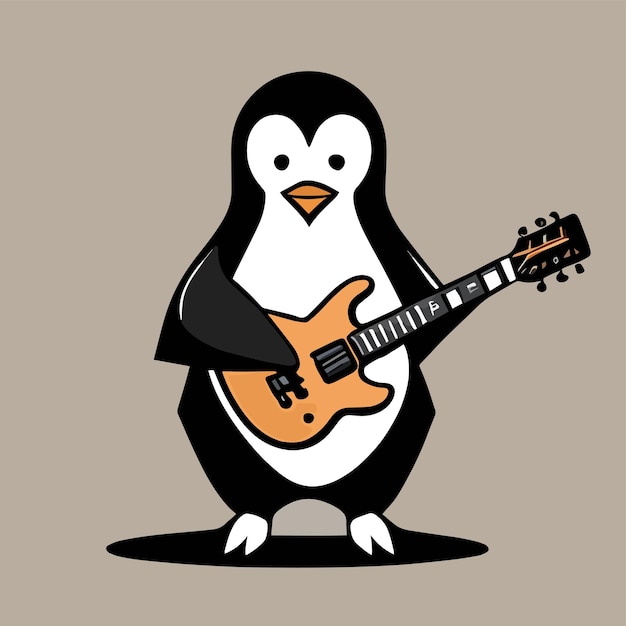 Lindo diseño de mascota para un pingüino sosteniendo un diseño de dibujos animados planos de guitarra