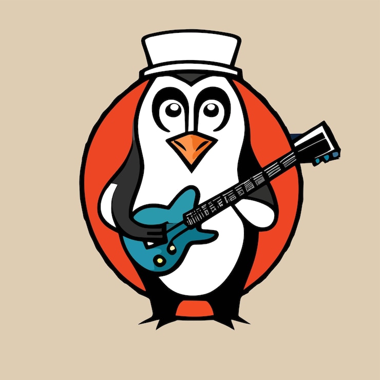 Vector lindo diseño de mascota para un pingüino sosteniendo un diseño de dibujos animados planos de guitarra