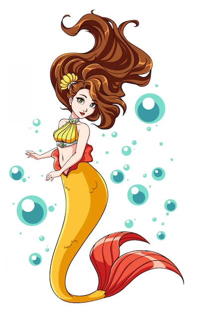 Lindo diseño de sirena. Chica de dibujos animados con cabello castaño y cola de pez amarilla. aislado sobre fondo blanco y burbujas.