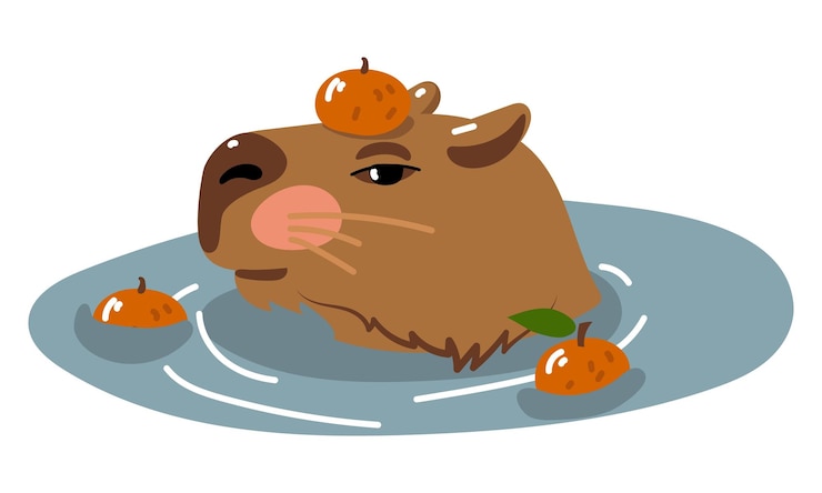 Vector lindo diseño vectorial de capibara capibara en la fuente termal japonesa onsen con mandarinas un capibara