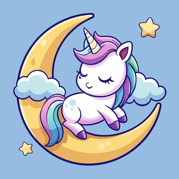 El lindo diseño vectorial de dibujos animados de Unicornio y Rayo de Luna