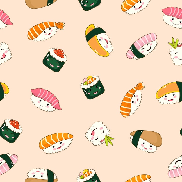 Lindo divertido asiático japonés sushi personaje de patrones sin fisuras