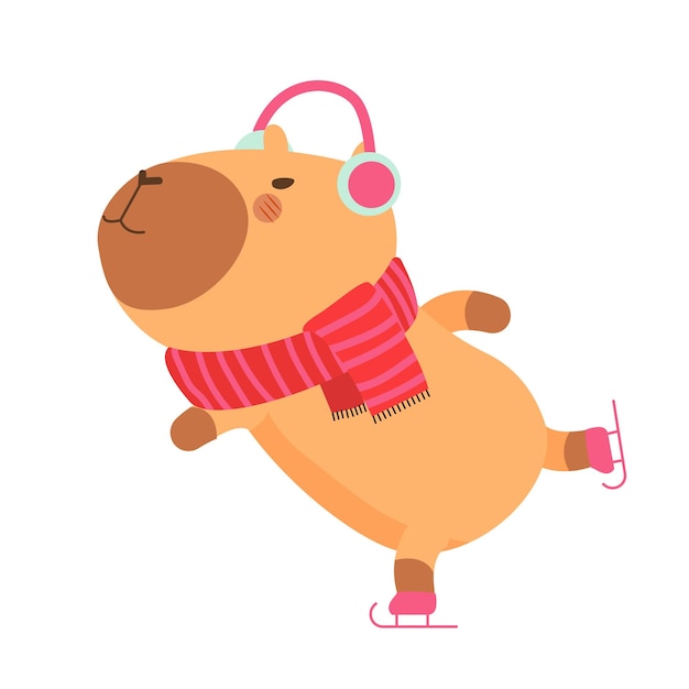 Lindo y divertido capíbara patinando en suéter de Navidad Animal aislado personaje capíbara roedor