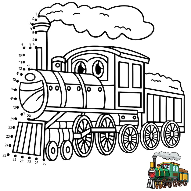 Vector un lindo y divertido conectar los puntos de la locomotora de vapor con la cara del vehículo página de colorear