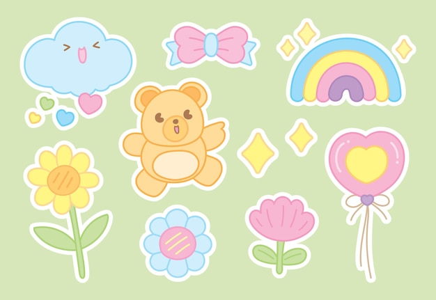 lindo y divertido conjunto de ilustraciones gráficas de dibujos animados de estilo kawaii con contorno blanco