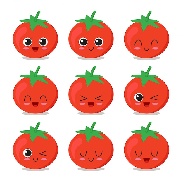 Lindo, divertido y feliz conjunto de tomate personaje