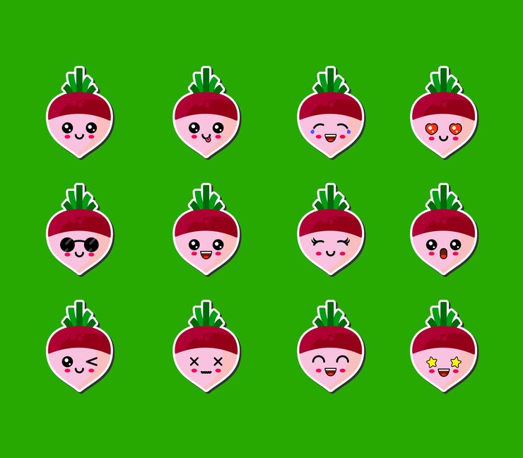 Lindo, divertido y feliz, remolacha, conjunto, carácter, verduras, vector, ilustración