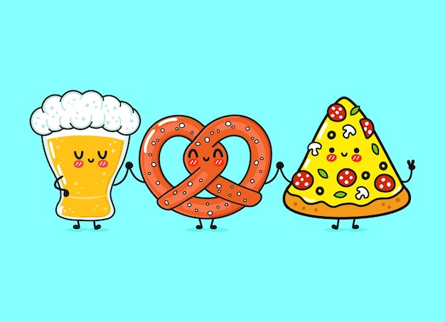 Lindo divertido feliz vaso de pizza de cerveza y pretzel