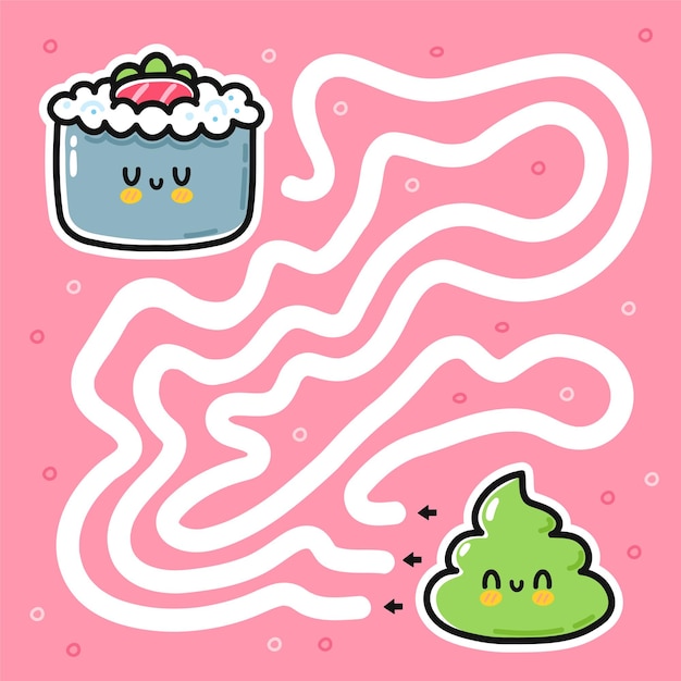 Lindo y divertido juego de laberinto laberinto. ayuda a wasabi a encontrar el rollo de sushi. laberinto juego de laberinto para niños. icono de ilustración de personaje de kawaii de dibujos animados de línea plana de vector