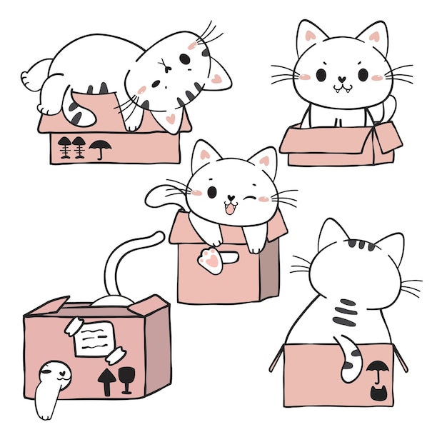 Lindo, divertido, juguetón, blanco, gatito, gato, en, rosa, cajas de cartón, colección, adorable, caricatura, gato, mascota, animal, mano, dibujado, vector