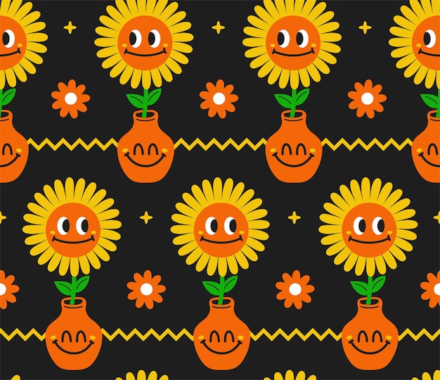 Vector lindo divertido kawaii sonrisa cara flor en jarrón semless patrónvector dibujos animados kawaii personaje ilustración diseñopositivo vintage sonrisa caramanzanilla jardín de flores concepto de patrones sin fisuras