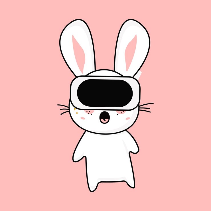 Vector lindo divertido kawaii sorprendido conejo en el metaverso vector ilustración plana en realidad virtual