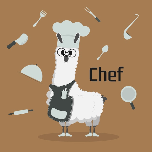 Lindo divertido lama dibujos animados alpaca chef mascota llama animal dibujado a mano vector